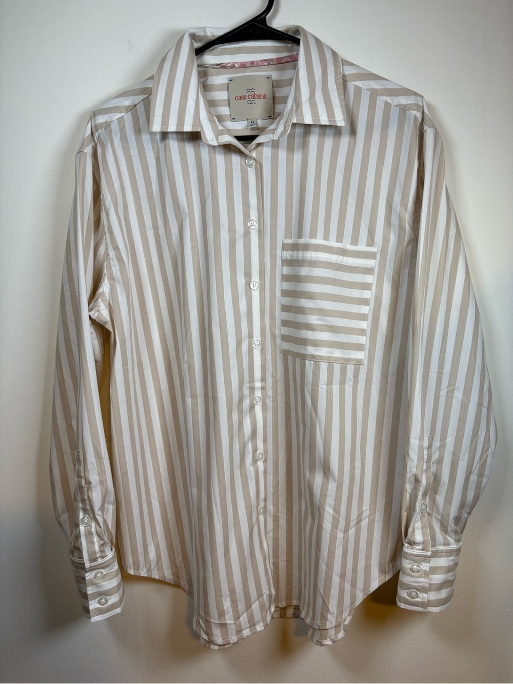 Women’s Beige and White Stripe Button-Down Shirt